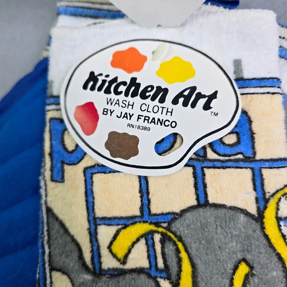 Vintage Jay Franco Kitchen Set 3pc Blue Pasta Velour Towel Dish Cloth Pot Holder